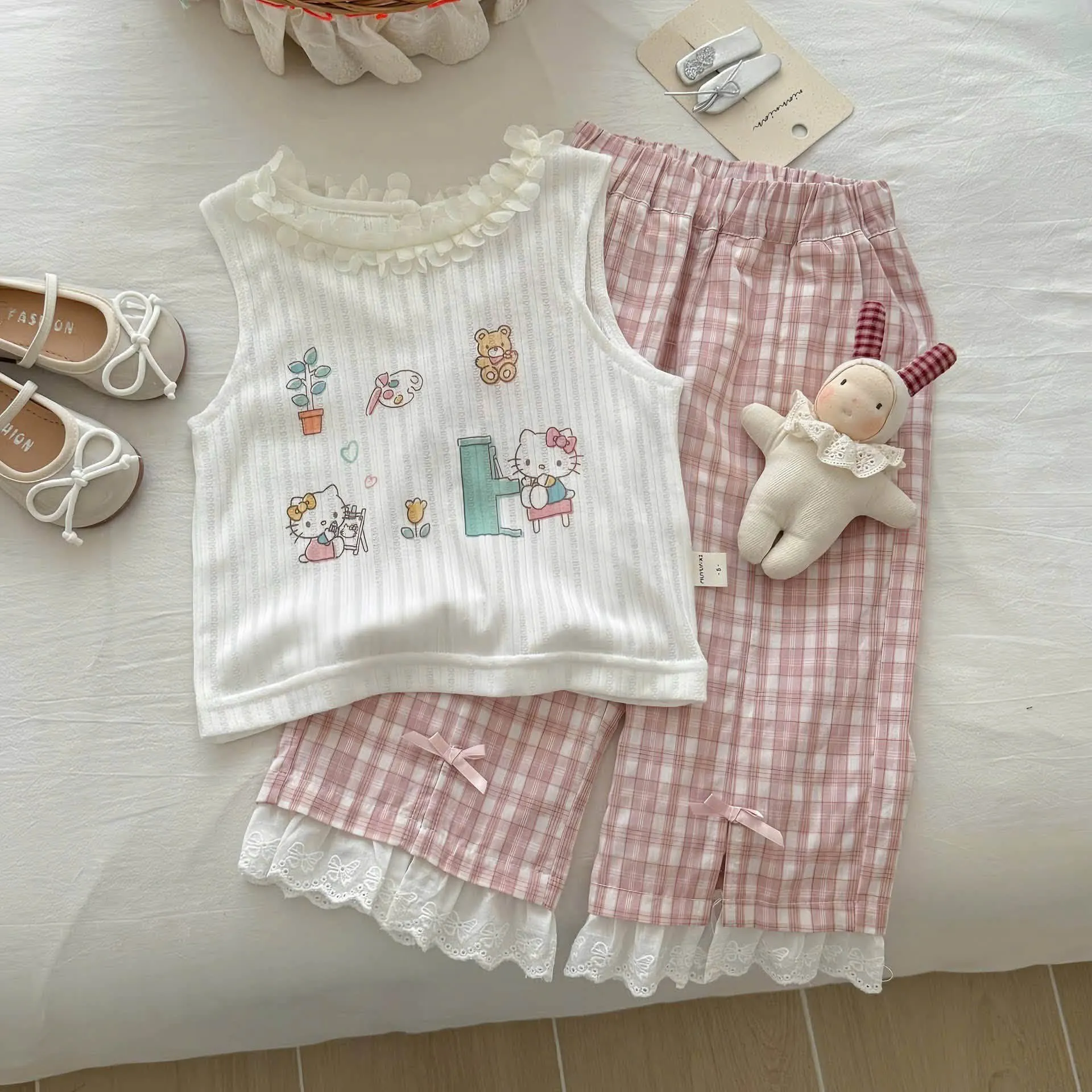 Set áo mèo con & quần caro hồng